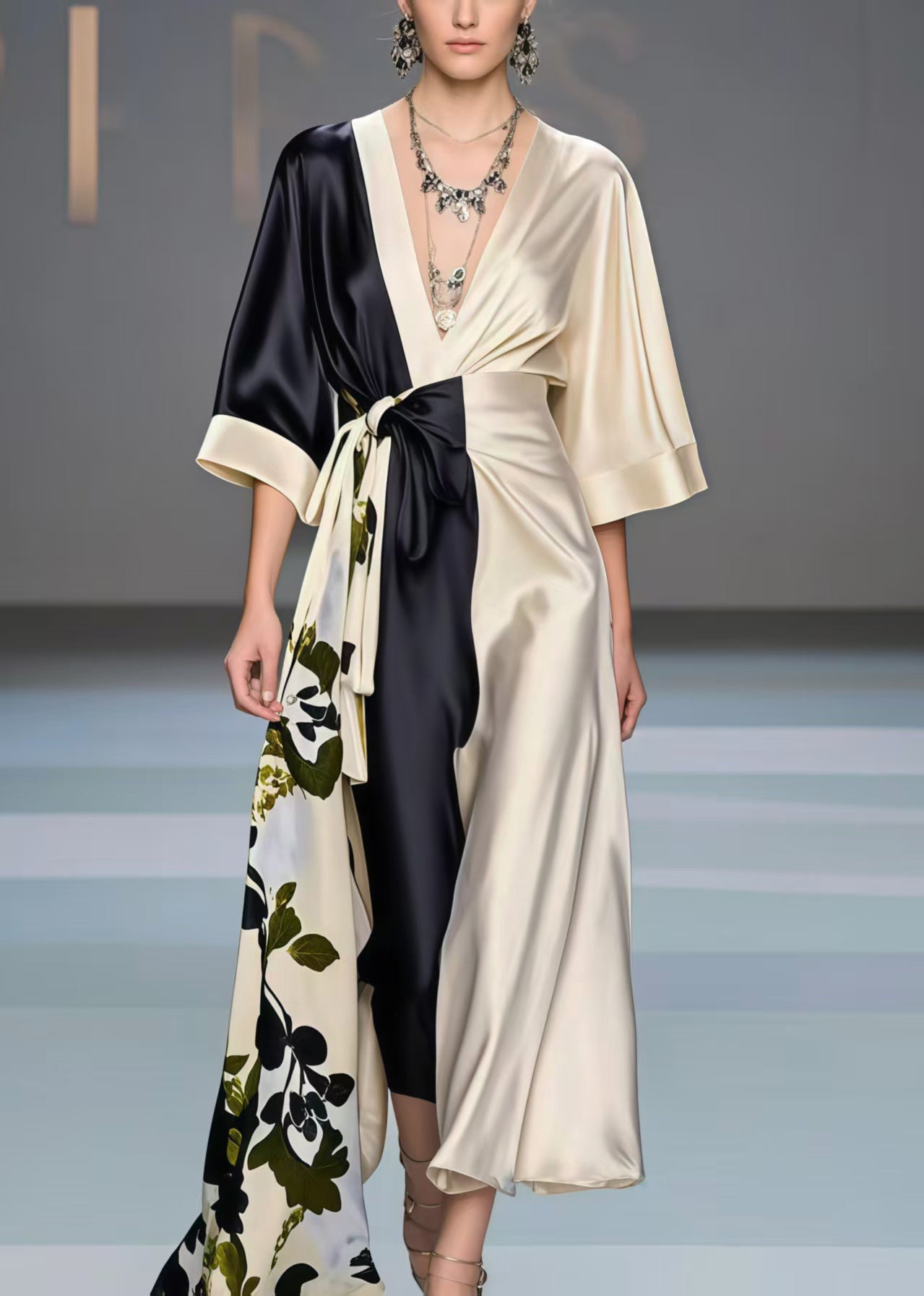 Colorblock Asymmetrical Patchwork Silk Vacation Dresses Bracelet Sleeve