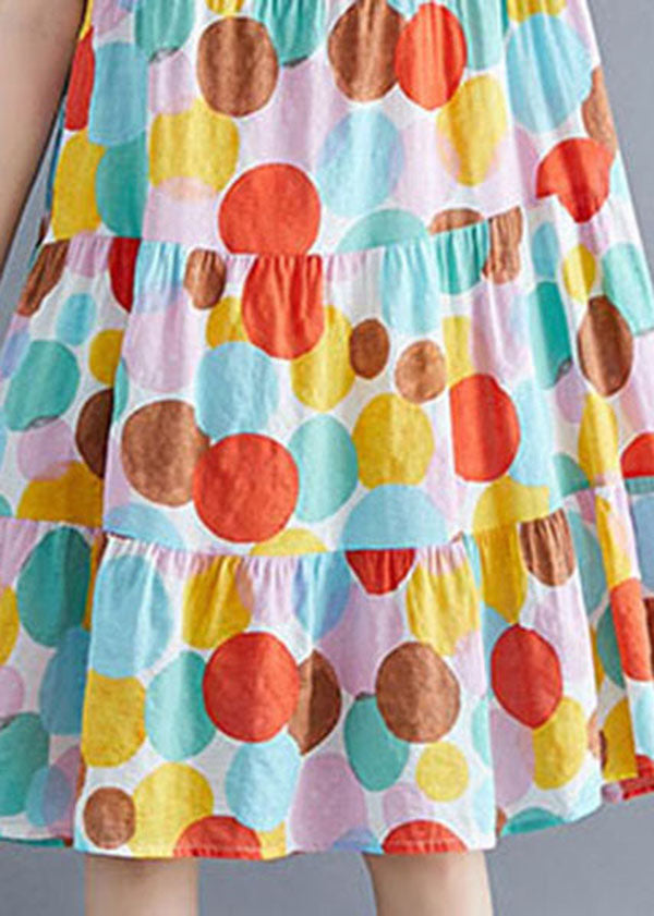 Colorblock O-neck Dot Print Cotton Pleated Dresses Short Sleeve