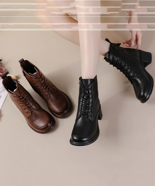 Cross Strap Chunky Boots Brown Cowhide Leather