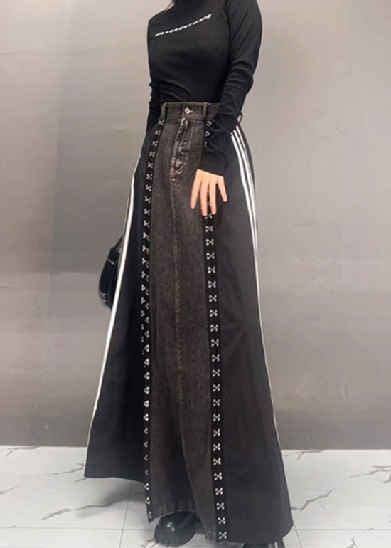 Dark Grey Patchwork Side Open Denim Skirts Fall