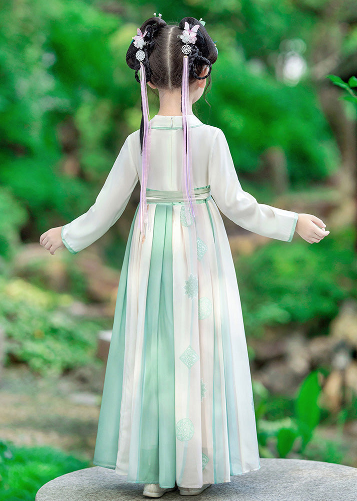 Green Embroideried Patchwork Tie Waist Kids Long Dress Long Sleeve