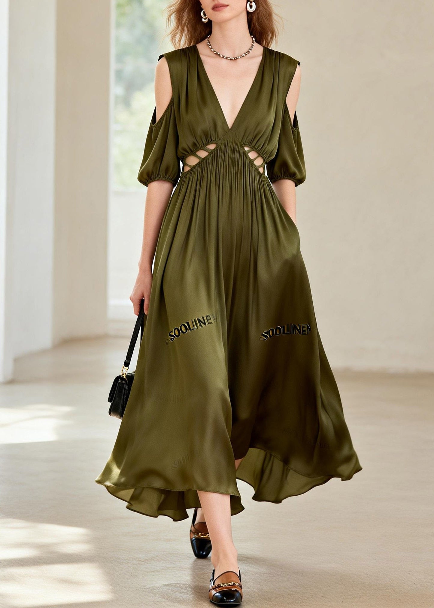 Green Hollow Out Wrinkled Chiffon Long Dress Summer