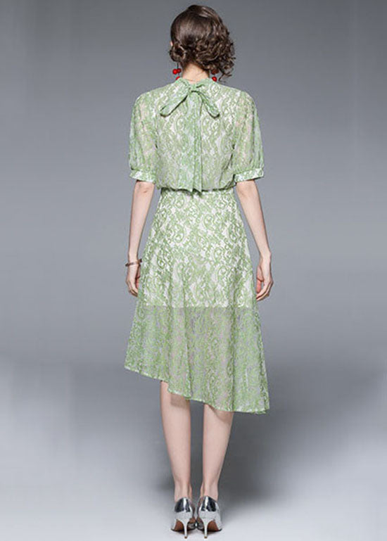 Green Jacquard Asymmetrical Patchwork Lace Mid Dress Summer