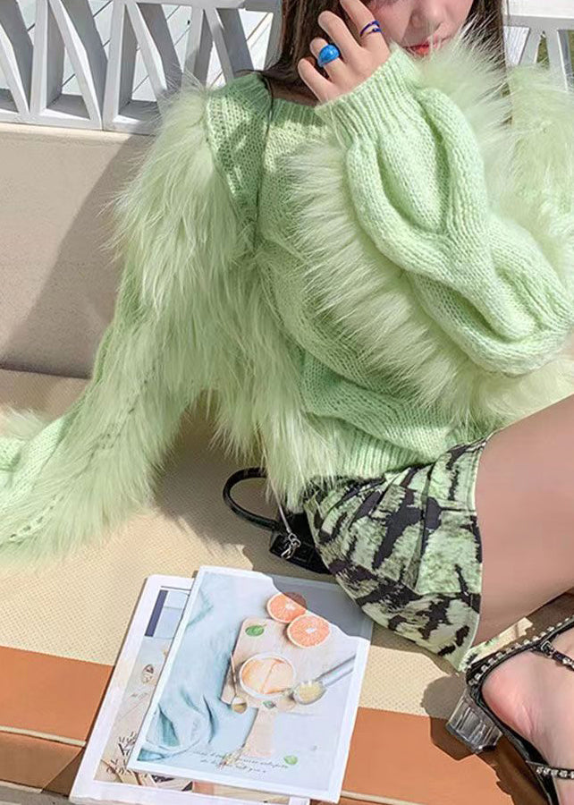 Green O Neck Raccoon Fur Patchwork Knit Pullover Lantern Sleeve