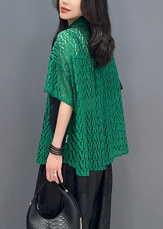 Green Peter Pan Collar Print Patchwork Button Shirts Short Sleeve