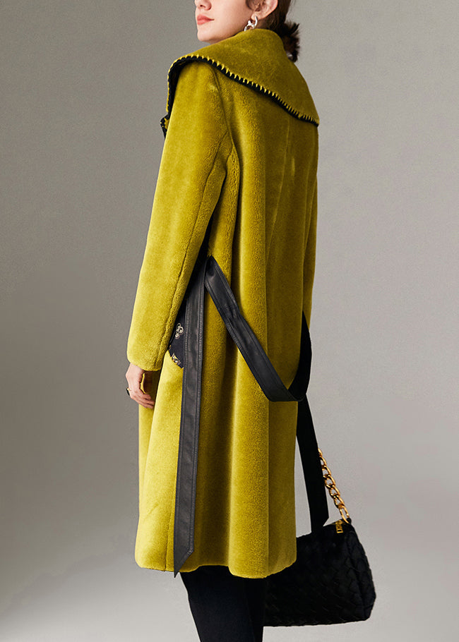Green Print Pockets Faux Fur Woolen Coats Spring