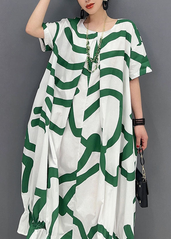 Green Striped Oversized Wrinkled Cotton Maxi Dresses Summer