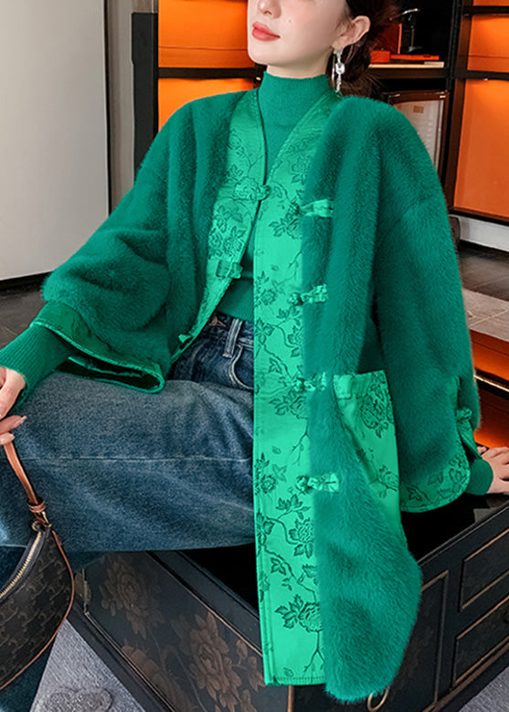 Green V Neck Button Thick Leather and Fur Coats Winter