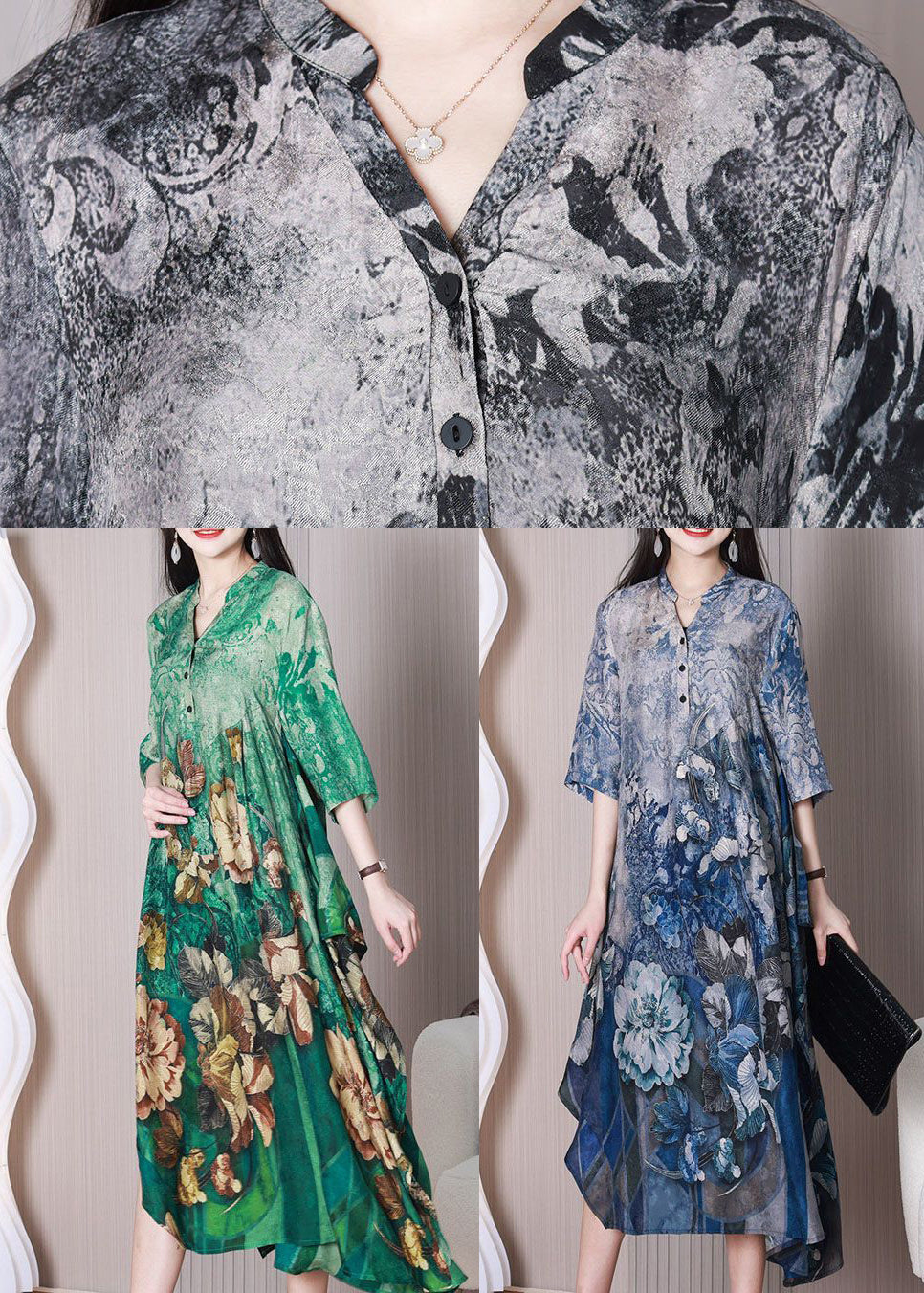 Green V Neck Oversized Print Silk a Line Dress Half Sleeve