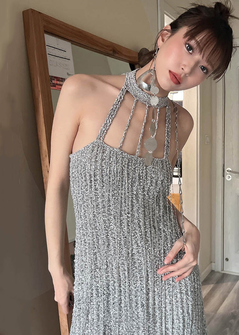 Grey Cold Shoulder Slim Fit Knit Mid Dress Summer