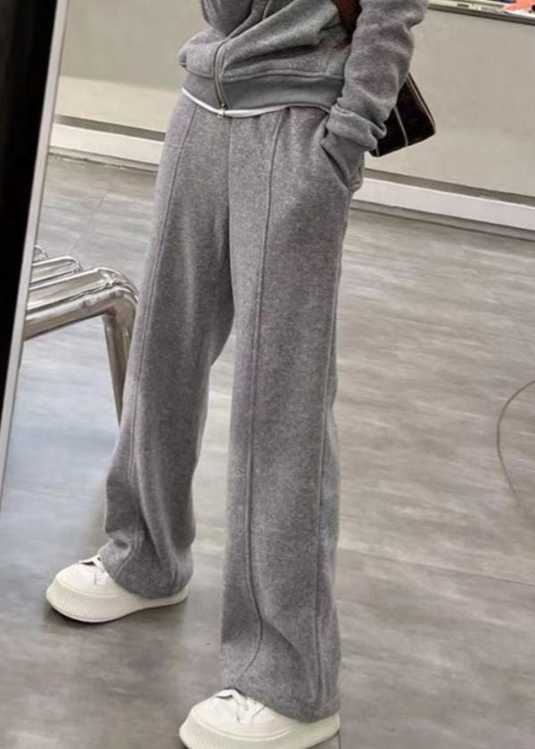 Grey Hooded Coats and Straight Pants Two Pieces Set Long Sleeve