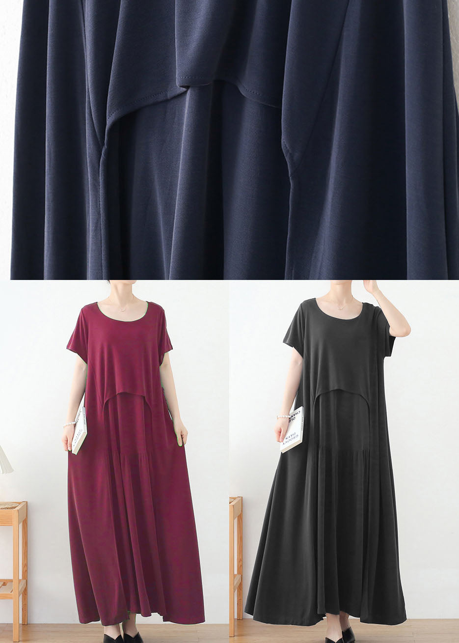 Grey O-neck Asymmetrical Design Long Dresses Short Sleeve