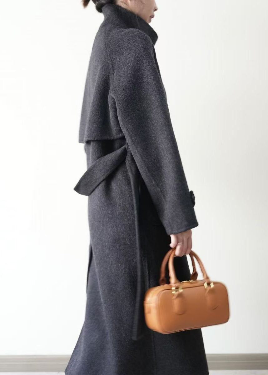 Grey Stand Collar Tie Waist Woolen Trench Winter