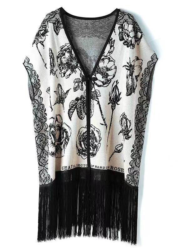 Grey V Neck Tasseled Print Patchwork Knit Coats Fall