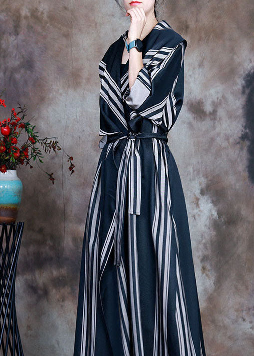 Grey Tie Waist Peter Pan Collar Striped Cotton Trench Spring