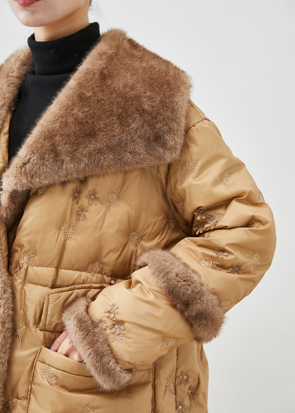 Khaki Embroidered Patchwork Mink Hair Duck Down Canada Goose Jacket Winter