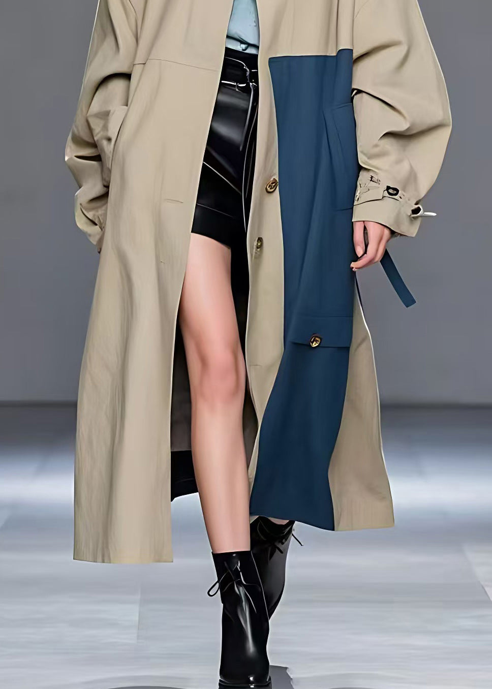 Khaki Peter Pan Collar Pockets Trench Long Sleeve