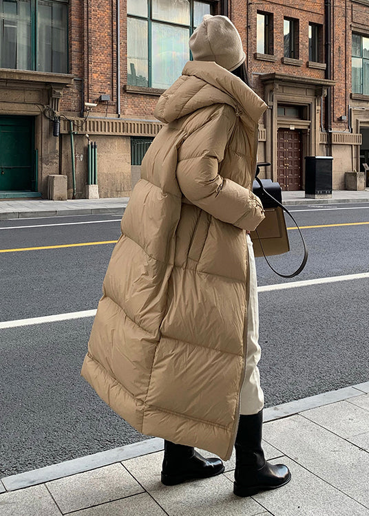Khaki Zippered Pockets Hooded Duck Down Puffer Coat Winter