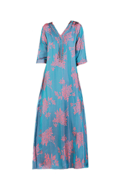 Lake Blue V Neck Jacquard Tassel Silk Holiday Dress Half Sleeve