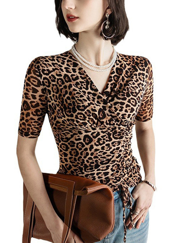 Leopard V Neck Cinched Tulle Tops Summer
