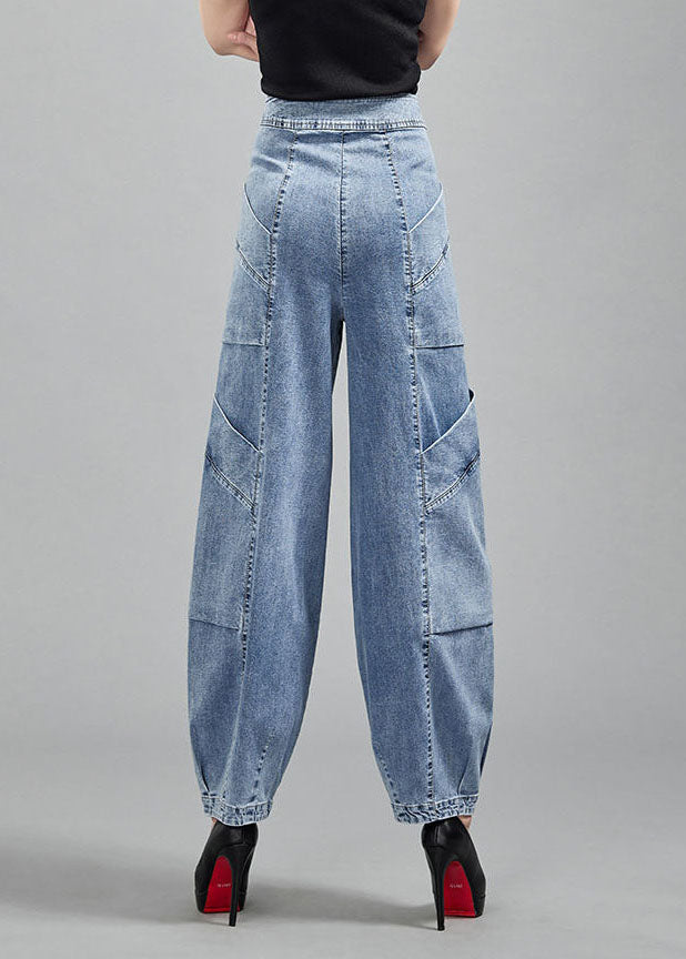 Light Blue Pockets Patchwork Cotton Denim Lantern Pants Trousers Spring