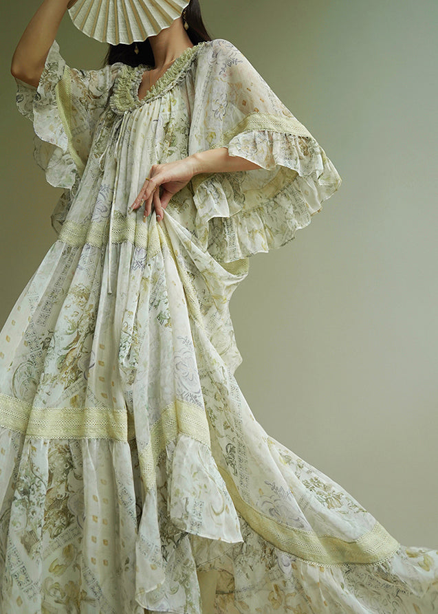 Light Green Ruffled Print Wrinkled Maxi Dress Short Sleeve