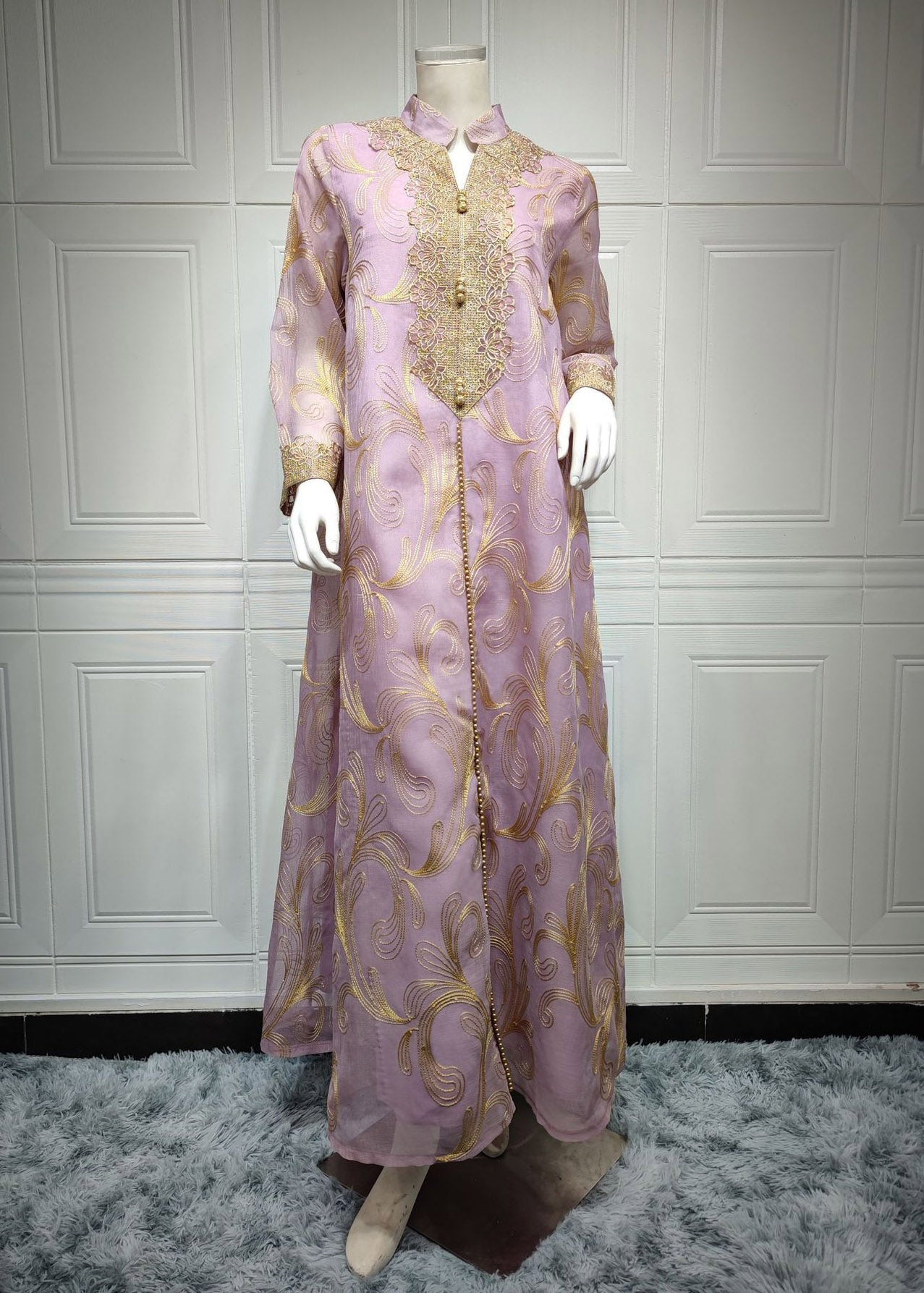 Light Purple Stand Collar Embroideried Tulle Long Dress Fall