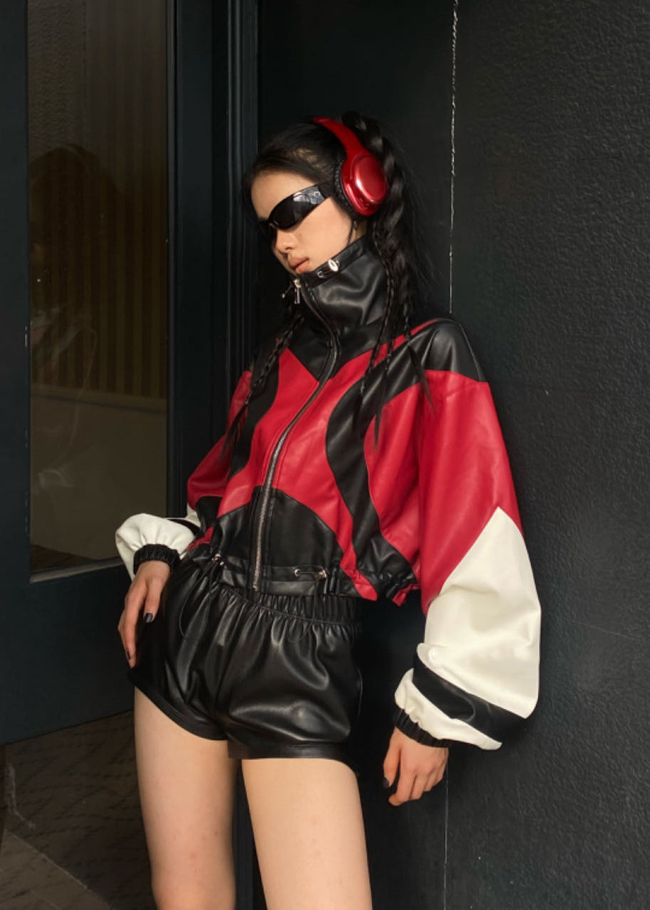 Loose Red Drawstring Patchwork Faux Leather Jacket Spring