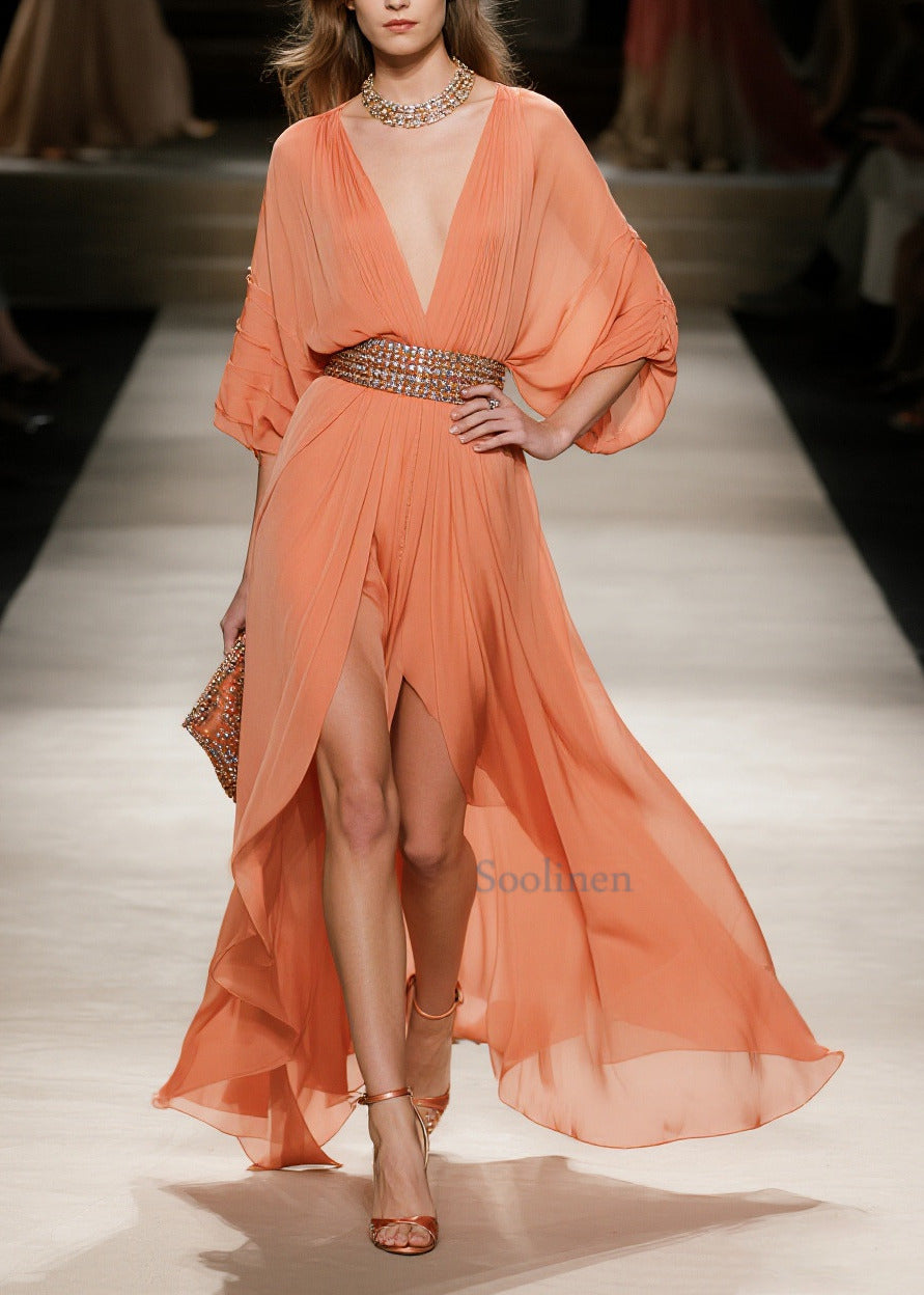Orange Exra Large Hem Side Open Tulle Maxi Dress Summer