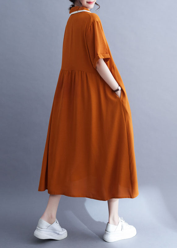 Orange Peter Pan Collar Wrinkled Patchwork Ice Silk Dress Summer