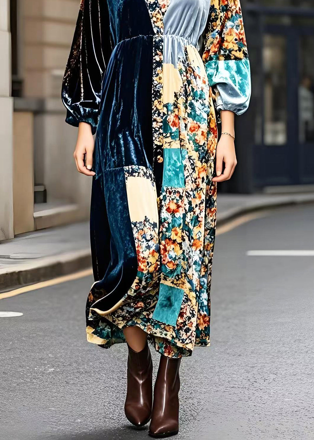 Peacock Blue V Neck Patchwork Print Silk Velvet Ankle Dress Spring