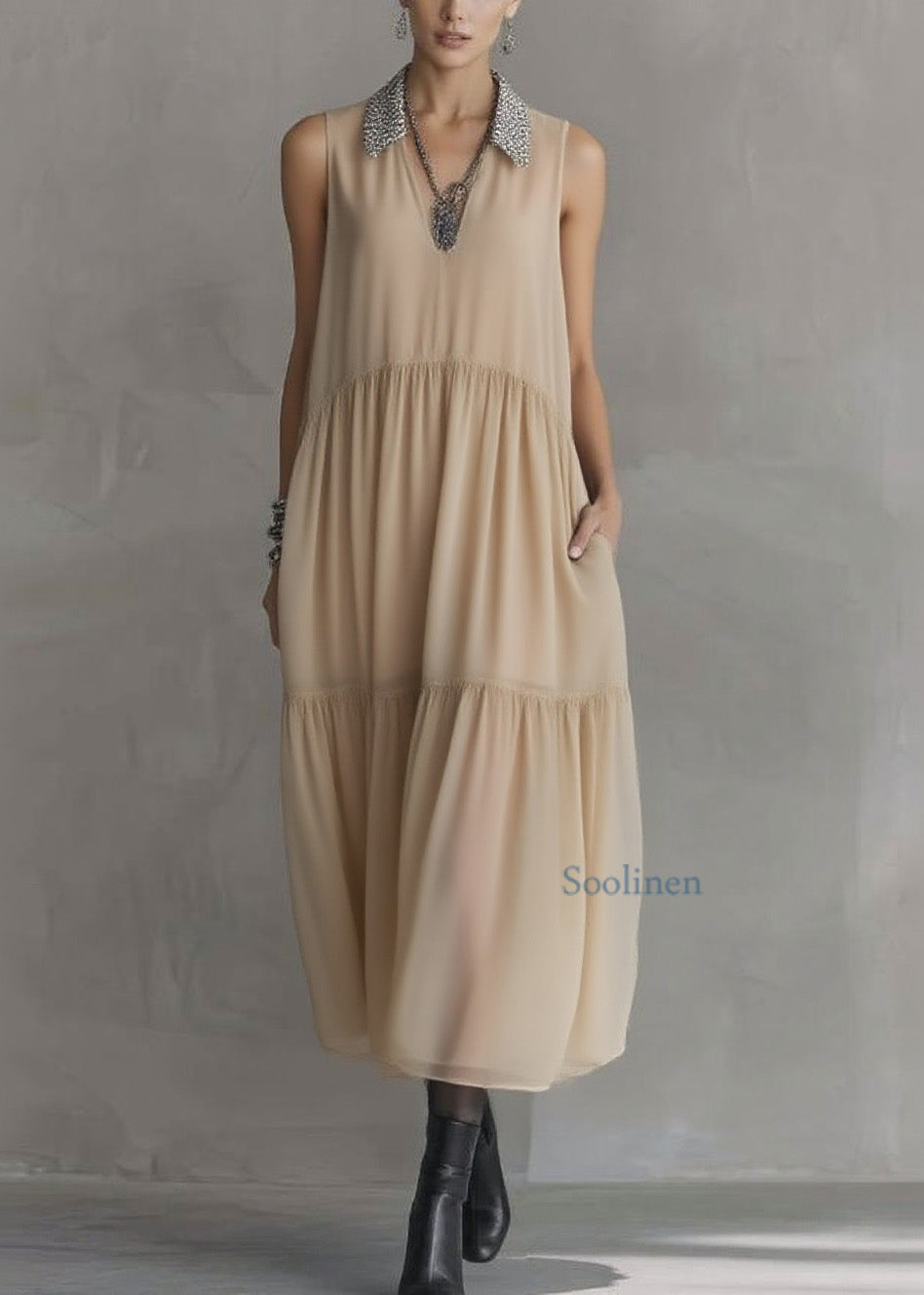 Peter Pan Collar Wrinkled Patchwork Chiffon Dress Sleeveless