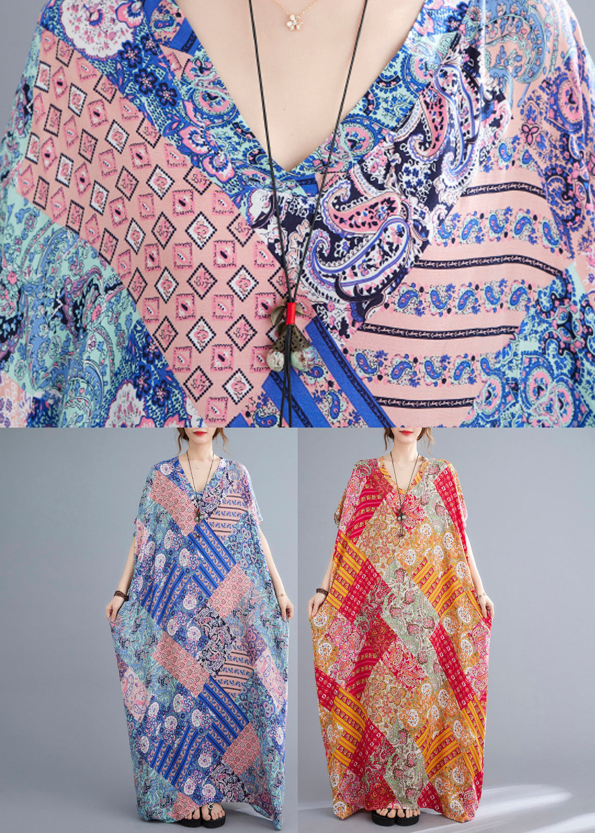 Pink Blue Print Cotton Beach Long Dresses Summer