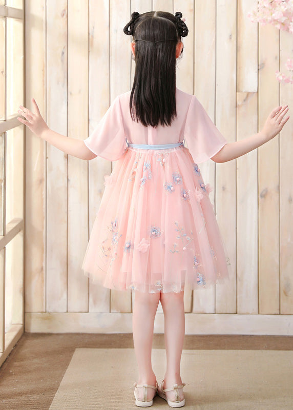 Pink V Neck Embroideried Layered Tulle Kids Mid Dress Short Sleeve