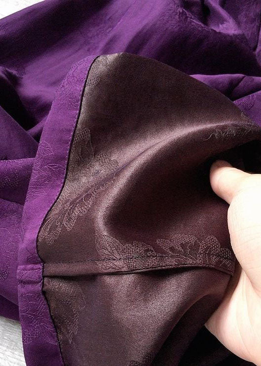 Purple Elastic Waist Pockets Jacquard Silk Wide Leg Pants Summer