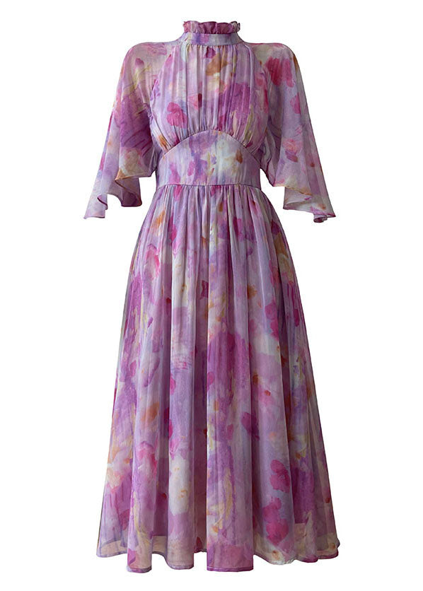 Purple Ruffled Print Cinched Chiffon Vacation Dress Summer