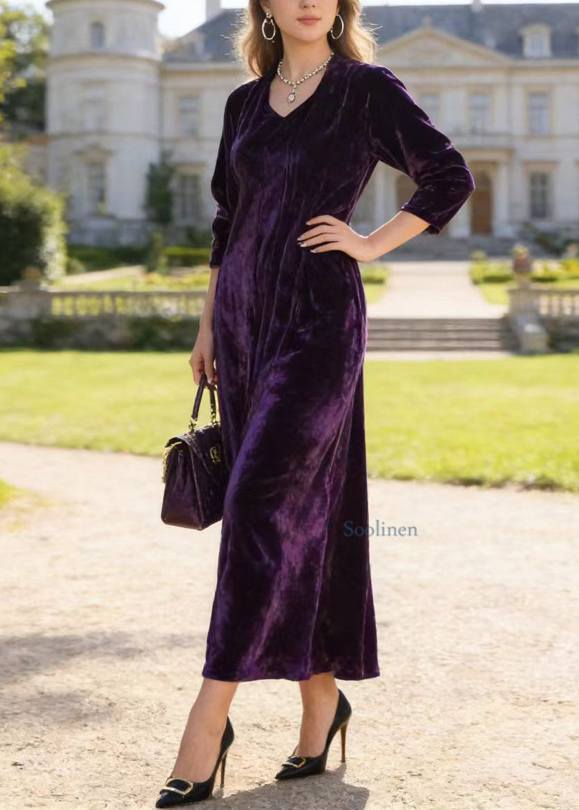 Purple V Neck Print Loose Velvet Dress Spring