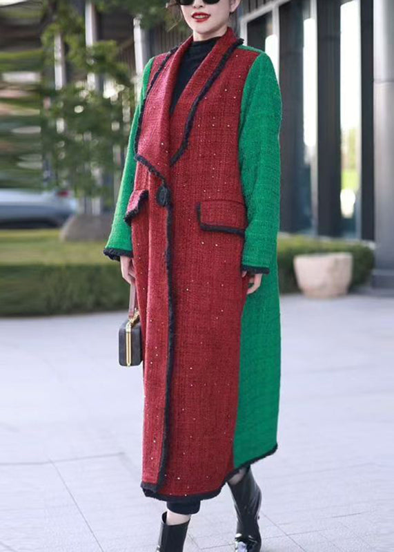 Red Notched Pockets Patchwork Woolen Long Coats Winter