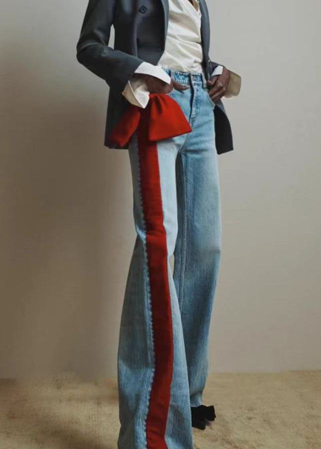 Red Pockets Bow Patchwork Denim Pants Spring