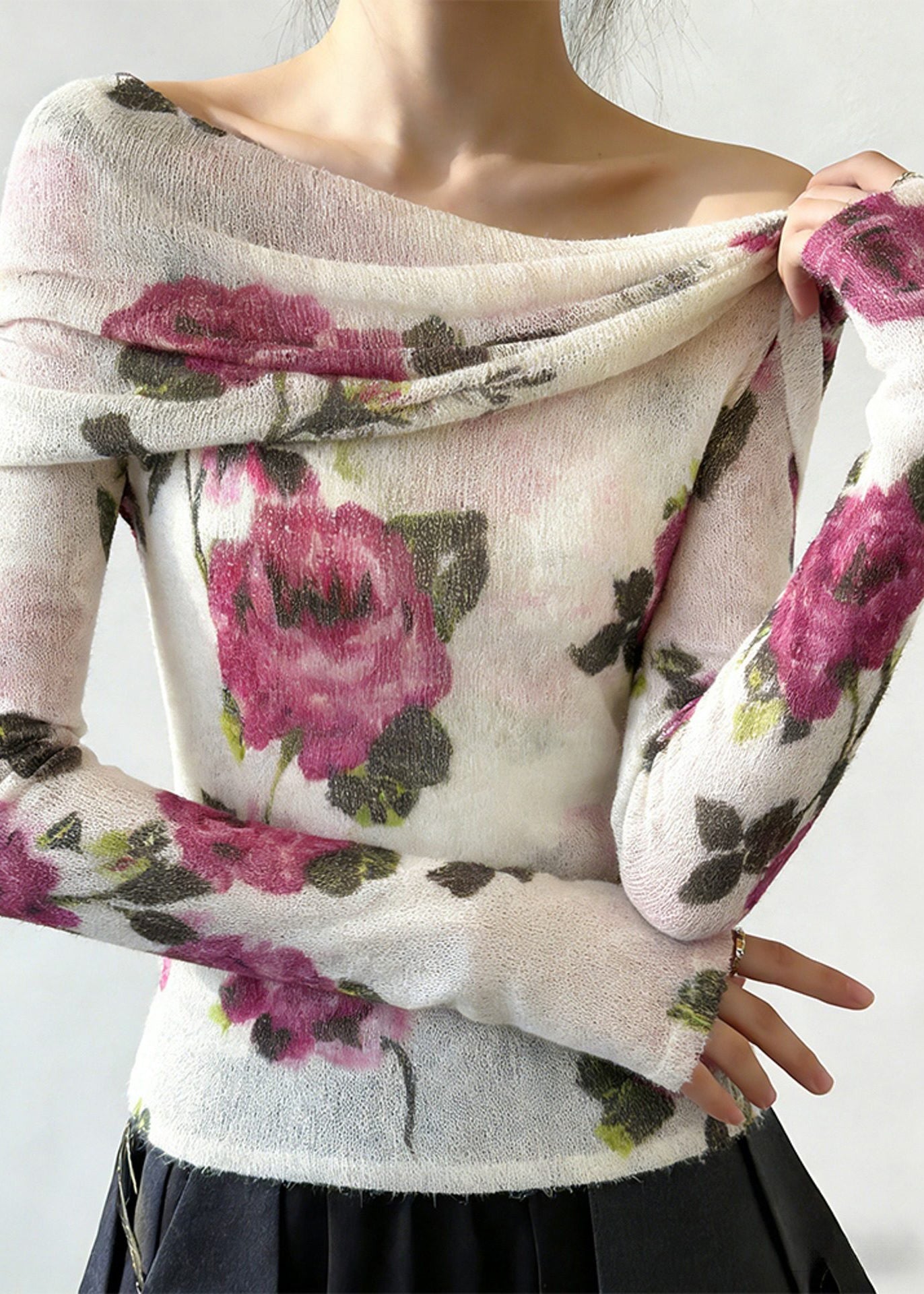 Fashion Slash Neck Print Knitting Cotton T Shirt Spring