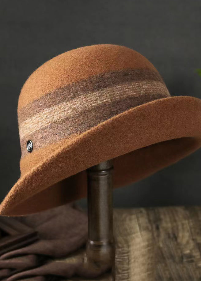 Versatile Caramel Striped Woolen Bucket Hat