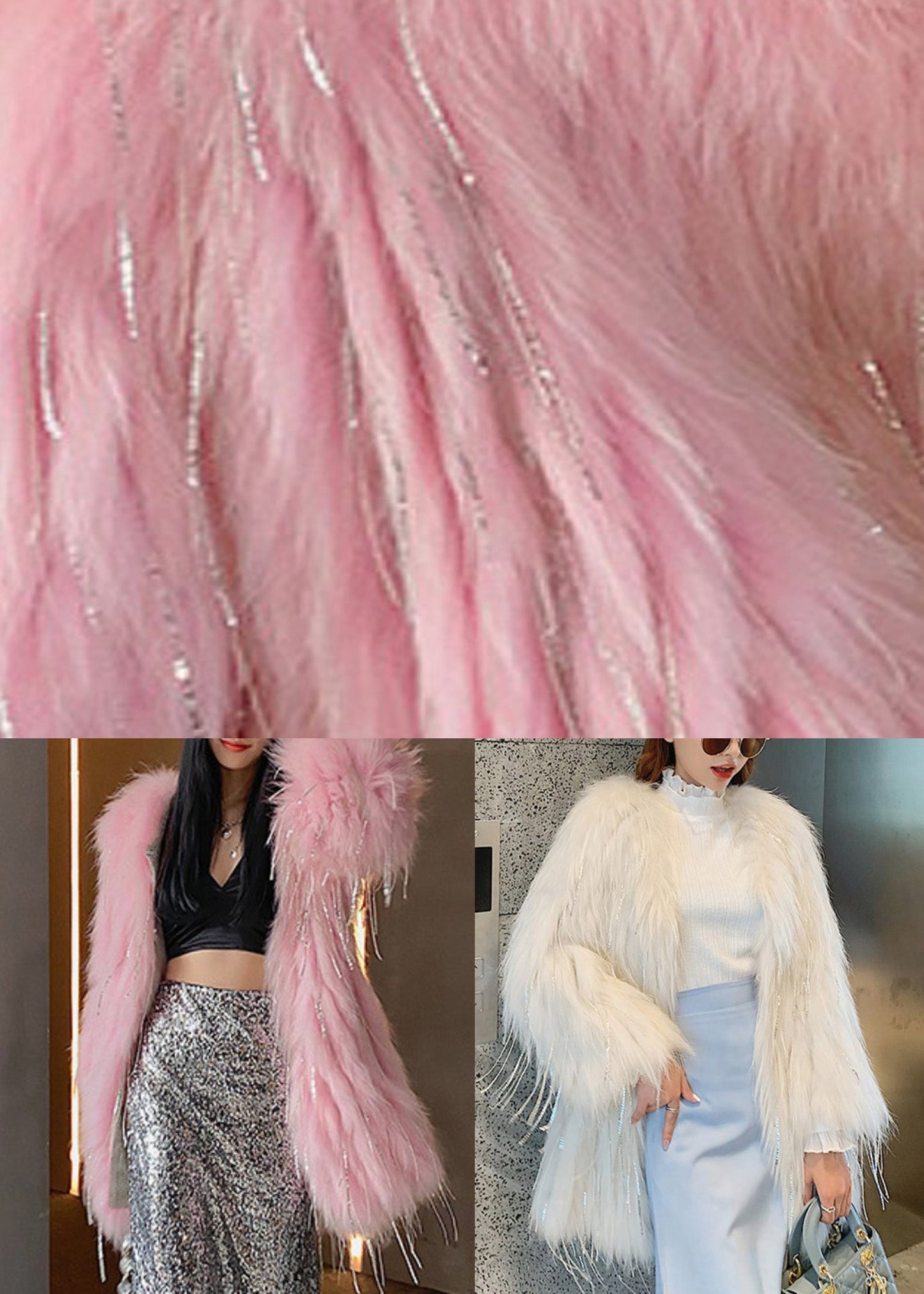 White Faux Fur Collar Tassel Leather and Fur Long Coats Winter