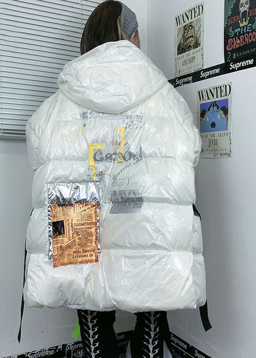 White Zippered Hooded Print Duck Down Coats Winter