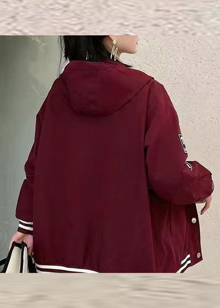 Wine Red Graphic Print Denim Patchwork Button Hooded Jacket Fall