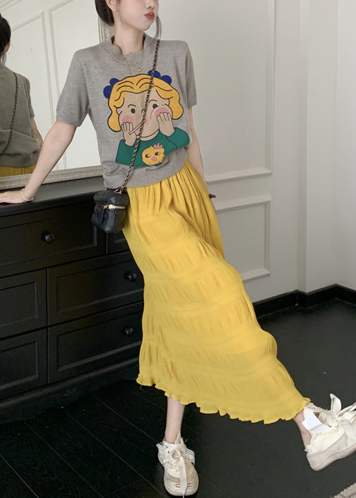 Yellow Elastic Waist Wrinkled Cotton Skirt Summer