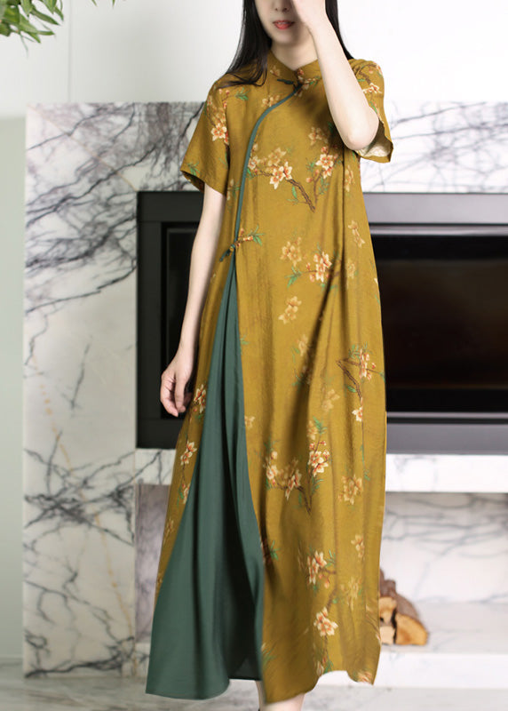Yellow Stand Collar Asymmetrical Print Patchwork Button Linen Long Dresses Short Sleeve