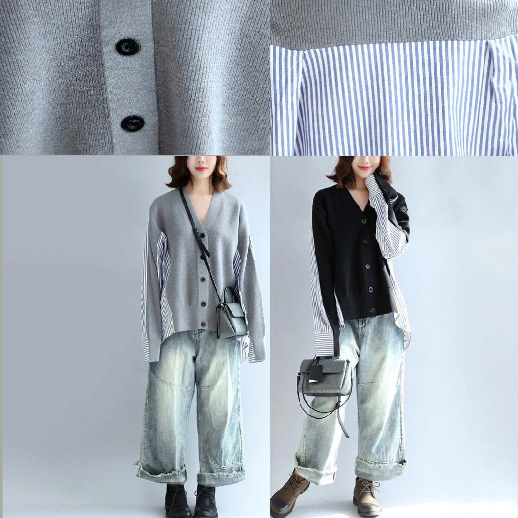 Black Striped Cotton Patchwork Sweater Tops Long Sleeve Sweater Cardigan