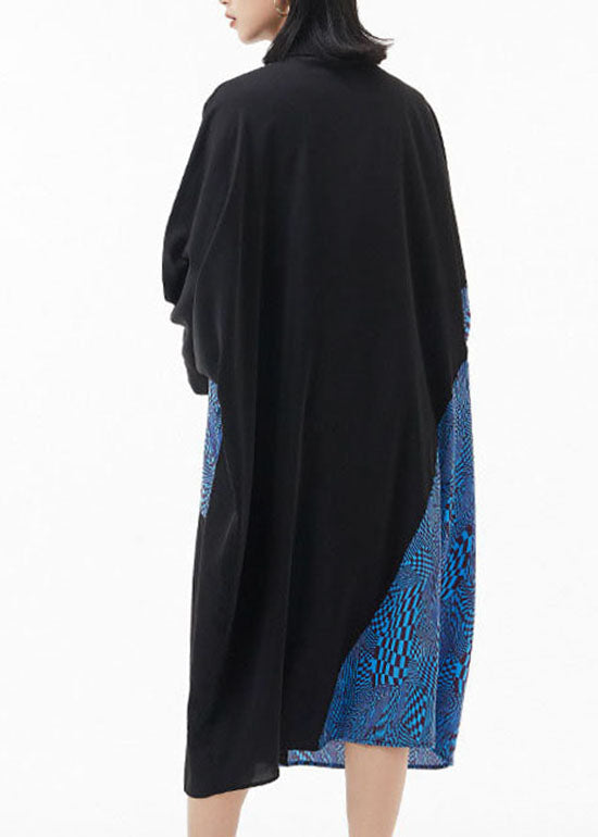 Blue Peter Pan Collar Batwing Sleeve Patchwork Silk Shirt Dresses