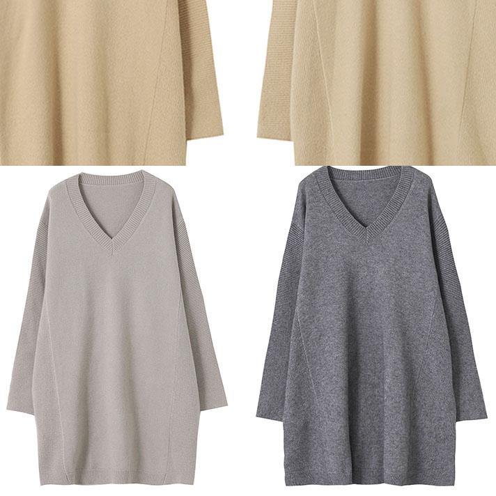 Brown Knit Blouse V Neck Loose Fitting Fall Knitted Blouse