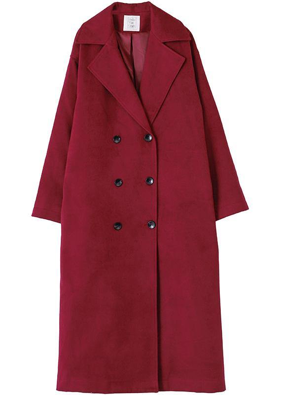 Burgundy Wool Coat Loose Fitting Notched Double Breast Coats Outwear